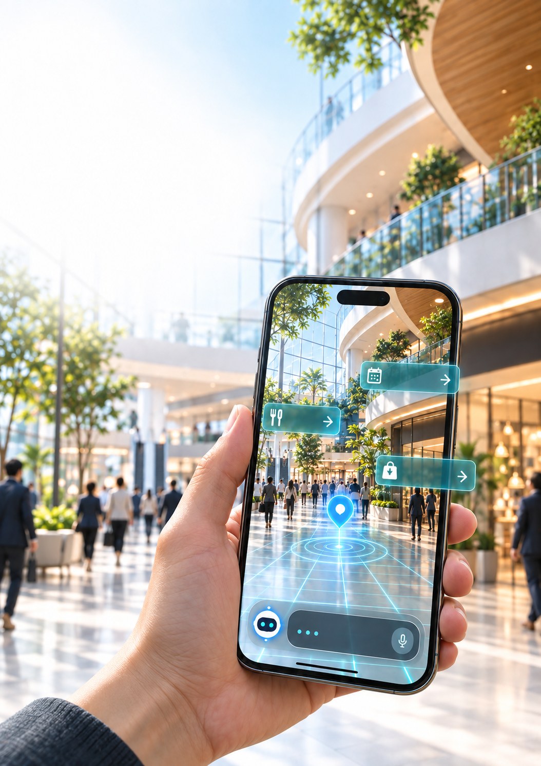 スマートフォンをかざすと、AIが今いる場所を認識し、周辺のおすすめ情報をその場に重ねて表示している様子